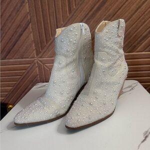 Betsy Johnson Embellished Pearl-Accent Ankle Boots - White